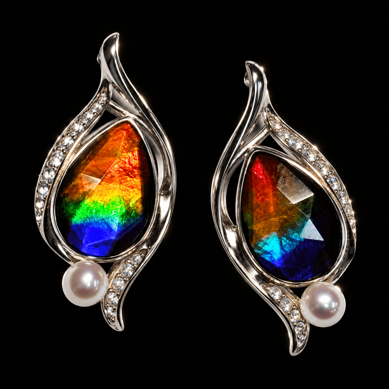 Silver Ammolite Earrings 12x8 Pear with Pearl and Sapphire