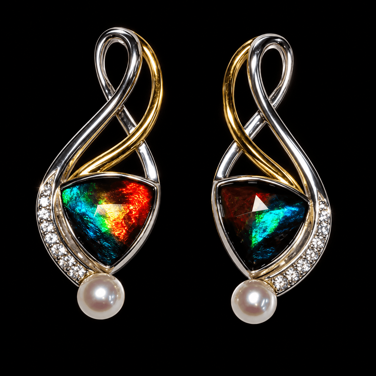 Silver Ammolite Earrings 8mm Trillion with Pearl and Sapphire