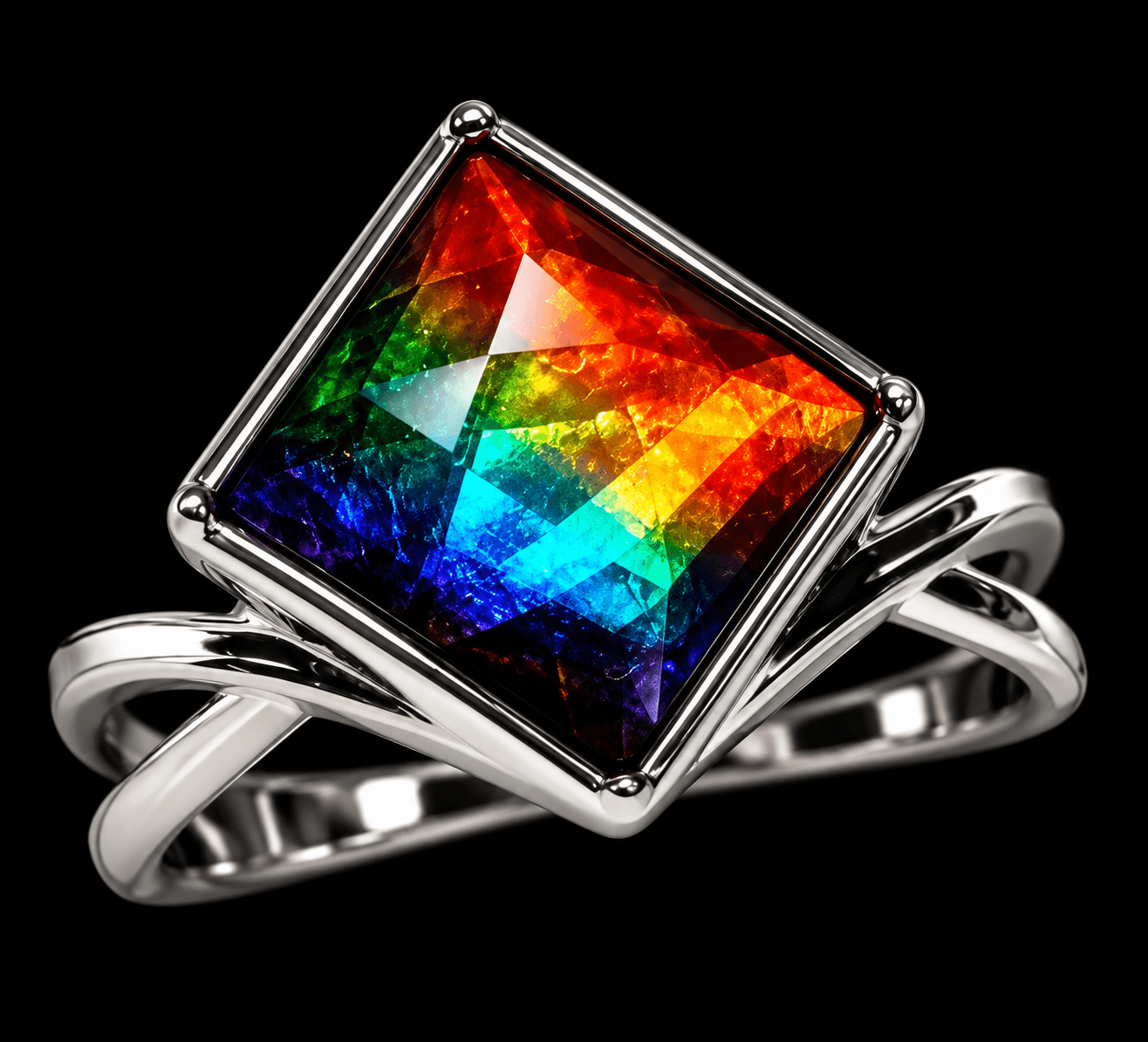 Sterling Silver Ammolite Ring 10mm Square