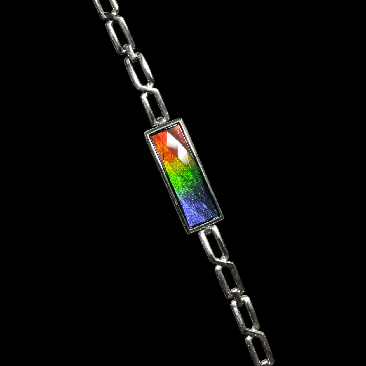 Sterling Silver Ammolite Bracelet 25x8 Faceted Rectangle