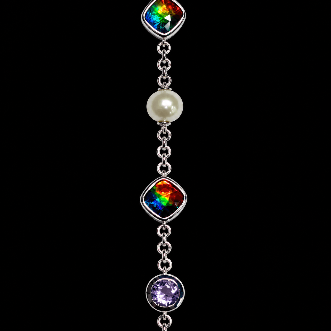 Silver Ammolite Bracelet 6mm Cushion with Pearl & Amethyst