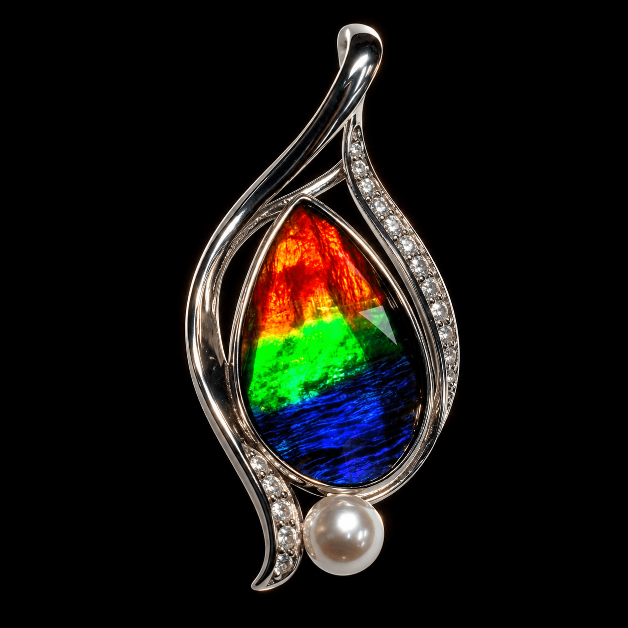 Silver Ammolite Pendant 22x13 Pear with Pearl and Sapphire