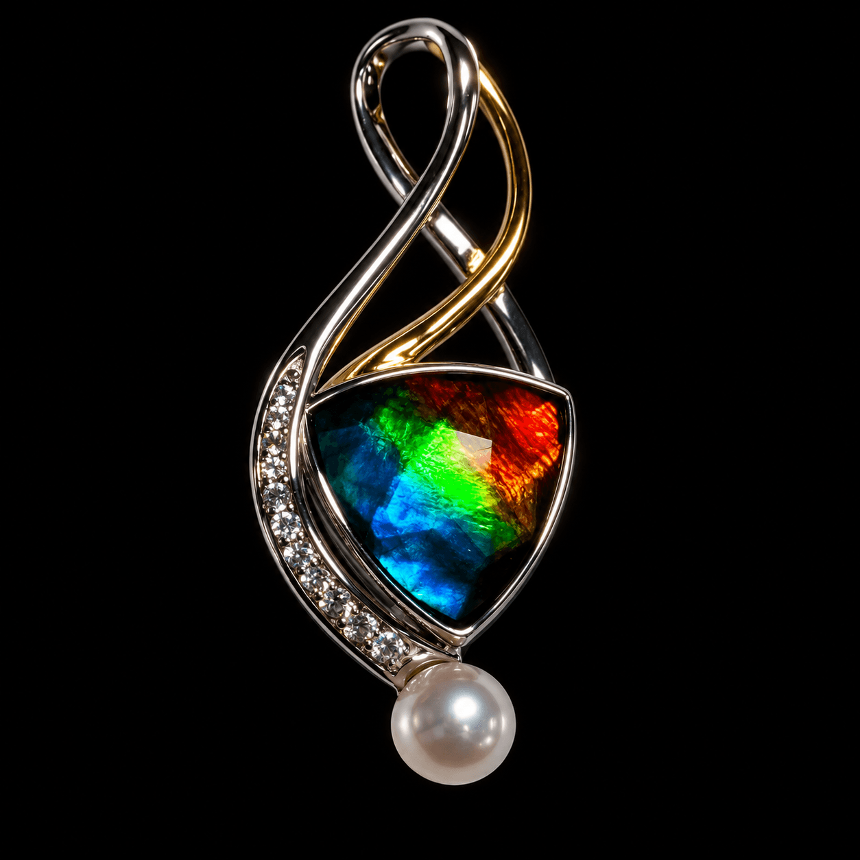 Silver Ammolite Pendant 12mm Trillion with Pearl and Sapphire