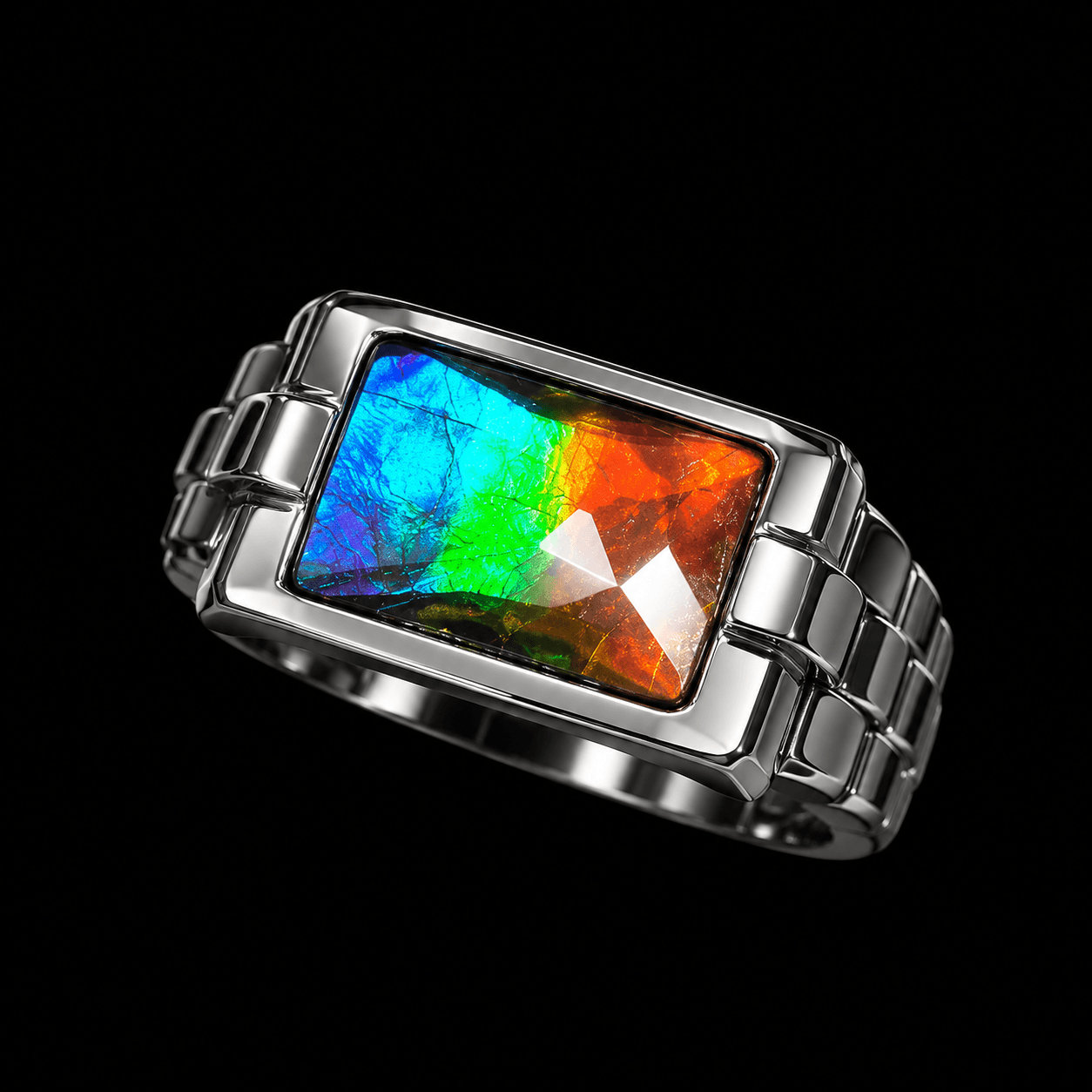Sterling Silver Ammolite Ring 12x8 Rectangle